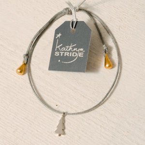 Grey cord Bracelet with tiny Silver Christmas Tree metal charm