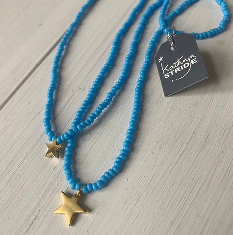 Small Gold Star and vibrant Turquoise Seed Bead Necklace