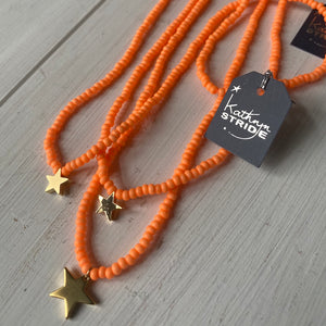 Small Gold Star and Neon Orange Seed Bead Necklace